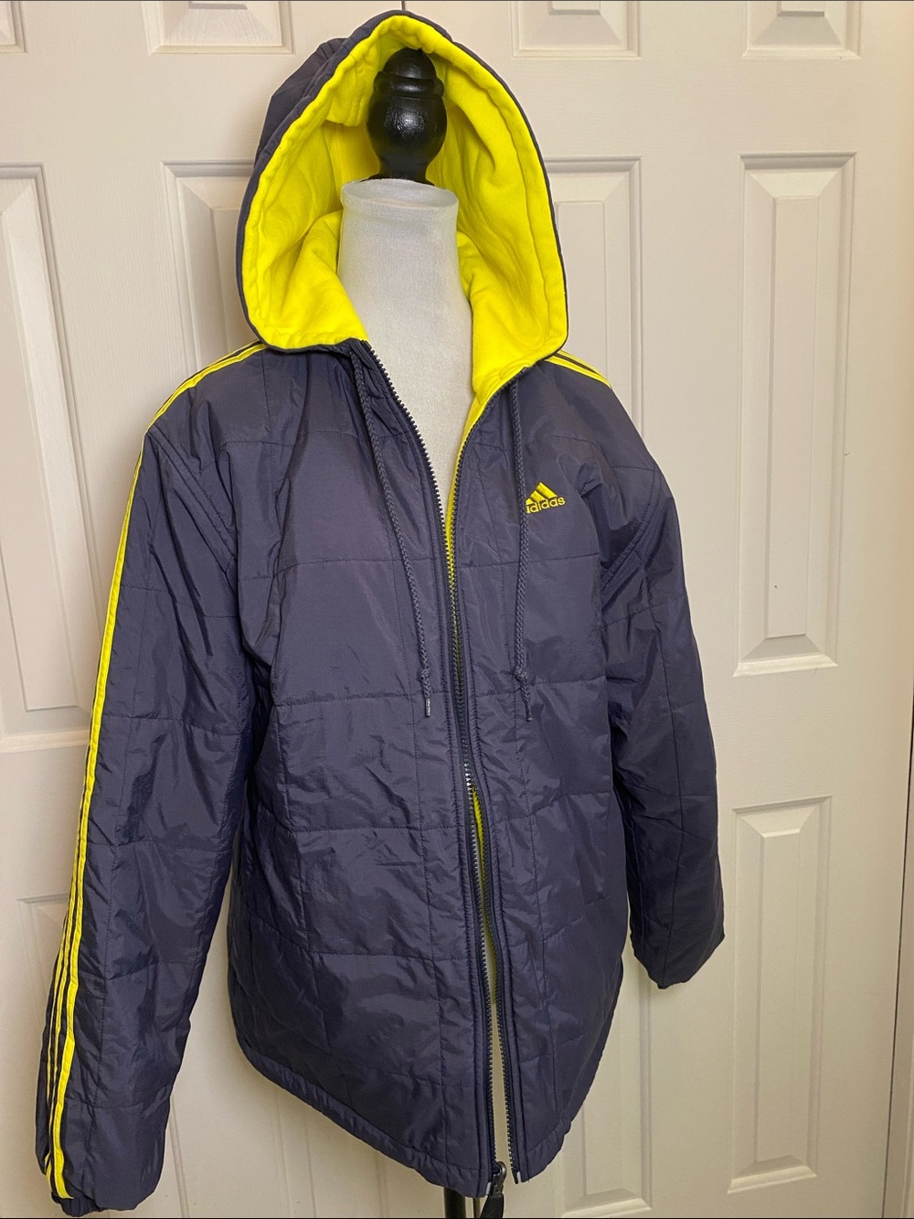 adidas Unisex Reversible Hooded Puffer Jacket - Gray and Bright Yellow Size Lar